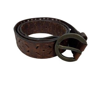 Rolfs distressed brown leather belt ornate bronze finish buckle